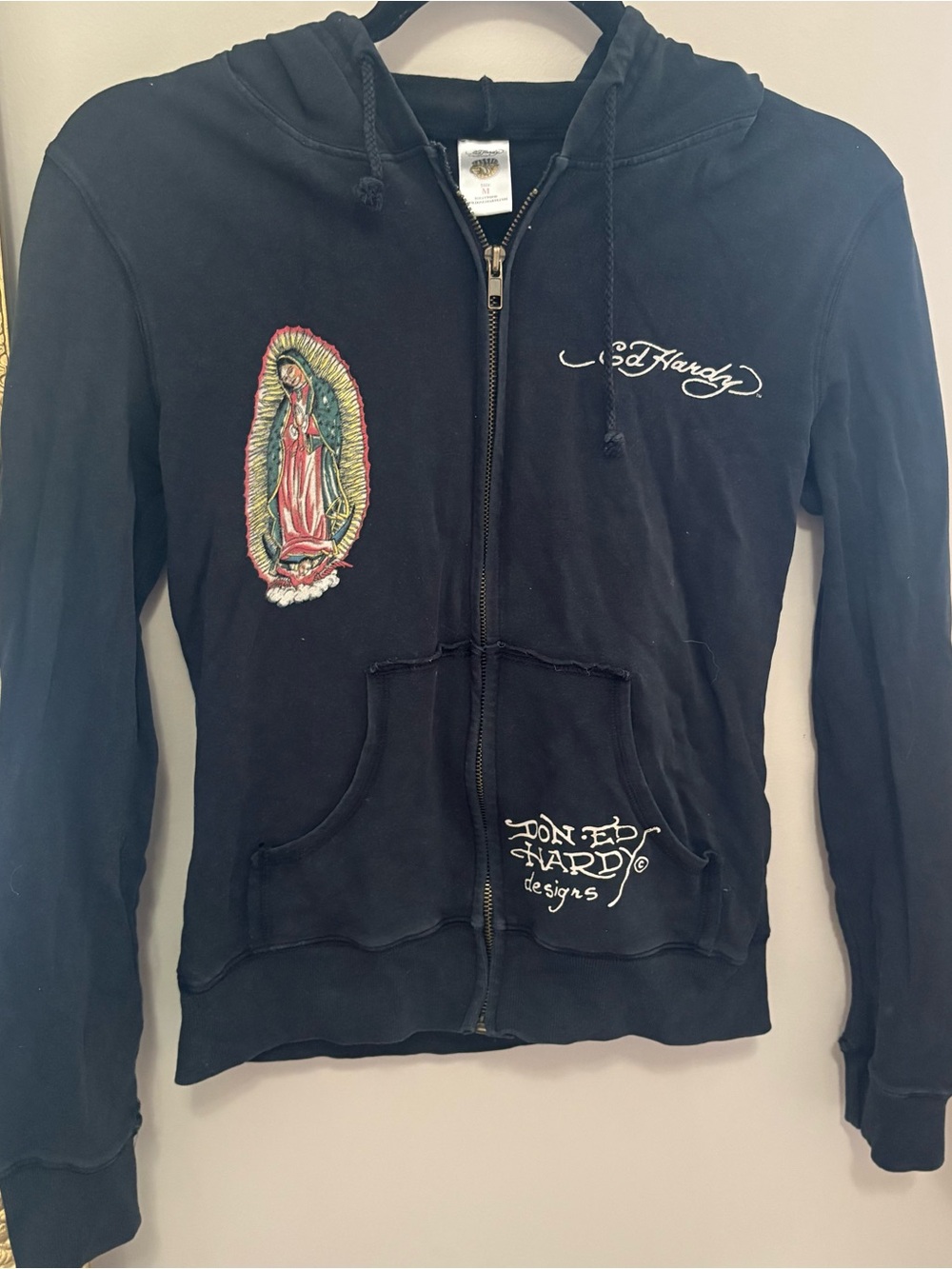 Affliction Black Zip-Up Hoodie with Colorful Religious Embroidery